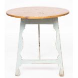 A CIRCULAR PINE CRICKET TABLE ON BLUE PAINTED SILHOUETTE BASE