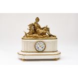 A FRENCH NAPOLEON III ORMOLU MOUNTED WHITE MARBLE MANTEL CLOCK