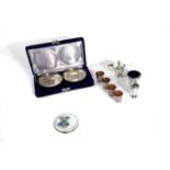 A SILVER THREE PIECE CONDIMENT SET AND FURTHER ITEMS (13)