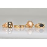 A 9CT GOLD AND SHELL CAMEO RING AND THREE FURTHER RINGS (4)