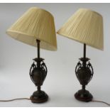 A PAIR OF FRENCH PARCEL-GILT AND PATINATED BRONZE SPELTER URNS ADAPTED TABLE LAMPS