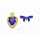 A GOLD AND ENAMEL FOB WATCH AND A GOLD AND ENAMEL BOW BROOCH (2)