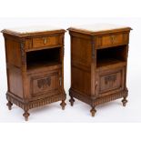 A PAIR OF MARBLE TOPPED CARVED OAK BEDSIDE TABLES (2)