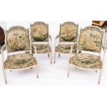A SET OF FOUR LOUIS XVI STYLE GREY PAINTED HUMP BACK OPEN ARMCHAIRS (4)