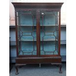 A MID-18TH CENTURY STYLE CARVED MAHOGANY TWO DOOR DISPLAY CABINET-ON-STAND