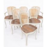 A SET OF SIX GREY PAINTED CANE-WORK DINING CHAIRS, TO INCLUDE A PAIR OF CARVERS (6)