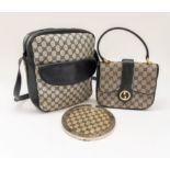 GUCCI - A BLUE LEATHER AND CLASSIC CANVAS SHOULDER BAG, A HANDBAG AND A BOTTLE COASTER (3)