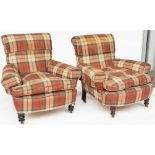 A NEAR PAIR OF VICTORIAN TARTAN UPHOLSTERED EASY ARMCHAIRS (2)