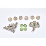 A PAIR OF GOLD, ENAMEL AND DIAMOND CUFFLINKS, SIX SILVER BUTTONS AND TWO PASTE BROOCHES (10)