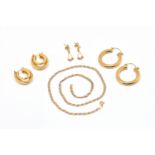 A 9CT THREE COLOUR GOLD NECKLACE AND THREE PAIRS OF GOLD EARRINGS (4)
