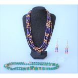 A MALACHITE BEAD AND GILT METAL BEAD LONG NECKLACE, ANOTHER NECKLACE AND A PAIR OF EARRINGS (3)