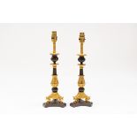 A PAIR OF FRENCH RESTAURATION STYLE GILT AND PATINATED BRONZE TABLE LAMPS (2)