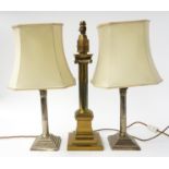 A VICTORIAN McCARY’S PATENT GILT LACQUERED BRASS IONIC COLUMN TABLE LAMP (3)