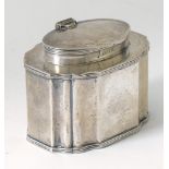 A SILVER HINGE LIDDED TEA CADDY