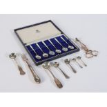 A SET OF SIX SILVER AND ENAMELLED COFFEE SPOONS AND FURTHER FLATWARE (9)