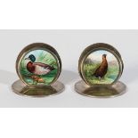 TWO SILVER & ENAMEL 'GAME BIRD' MENU HOLDERS