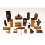 A GROUP OF TREEN ITEMS INCLUDING A LIGNUM VITAE POWER HORN (19)