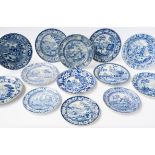 TEN STAFFORDSHIRE BLUE AND WHITE PRINTED EARTHENWARE DINNER PLATE AND THREE DESSERT PLATES (13)