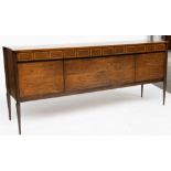 A MID-20TH CENTURY DESIGN ROSEWOOD SIDEBOARD WITH AN ARRANGEMENT OF FOUR DRAWERS OVER FALL...