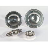 TWO SILVER ARMADA STYLE DISHES AND A SILVER TEA STRAINER (4)