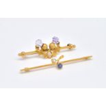 A GOLD, SAPPHIRE AND CULTURED PEARL BAR BROOCH AND A GOLD AND AMETHYST BROOCH (2)