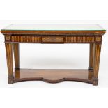 A 19TH CENTRY PARCEL GILT MAHOGANY THREE DRAWER CONSOLE TABLE