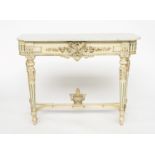 A 19TH CENTURY FRENCH MARBLE TOPPED CONSOLE TABLE, WITH POLYCHROME PAINTED CARVED BASE