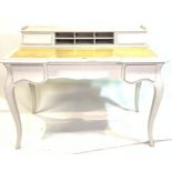 A MODERN WHITE PAINTED WRITING TABLE WITH GALLERIED BACK, LEATHER WRITING SURFACE AND CABRIOLE...