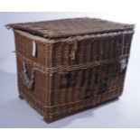A LARGE RECTANGULAR WICKER LIFT TOP CHEST, WITH ROPE HANDLES