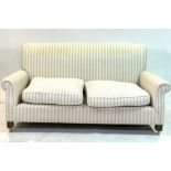 A 20TH CENTURY CREAM AND GREY STRIPED UPHOLSTERED SOFA