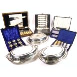 A QUANTITY OF SILVER PLATED WARES INCLUDNG THREE ENTREE DISHES AND CASED FLATWARE