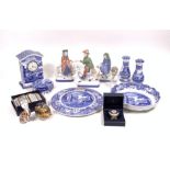 CERAMICS INCLUDING A SPODE BLUE AND WHITE TABLE SET, TWO ROYAL CROWN DERBY FIGURES AND SUNDRY ...