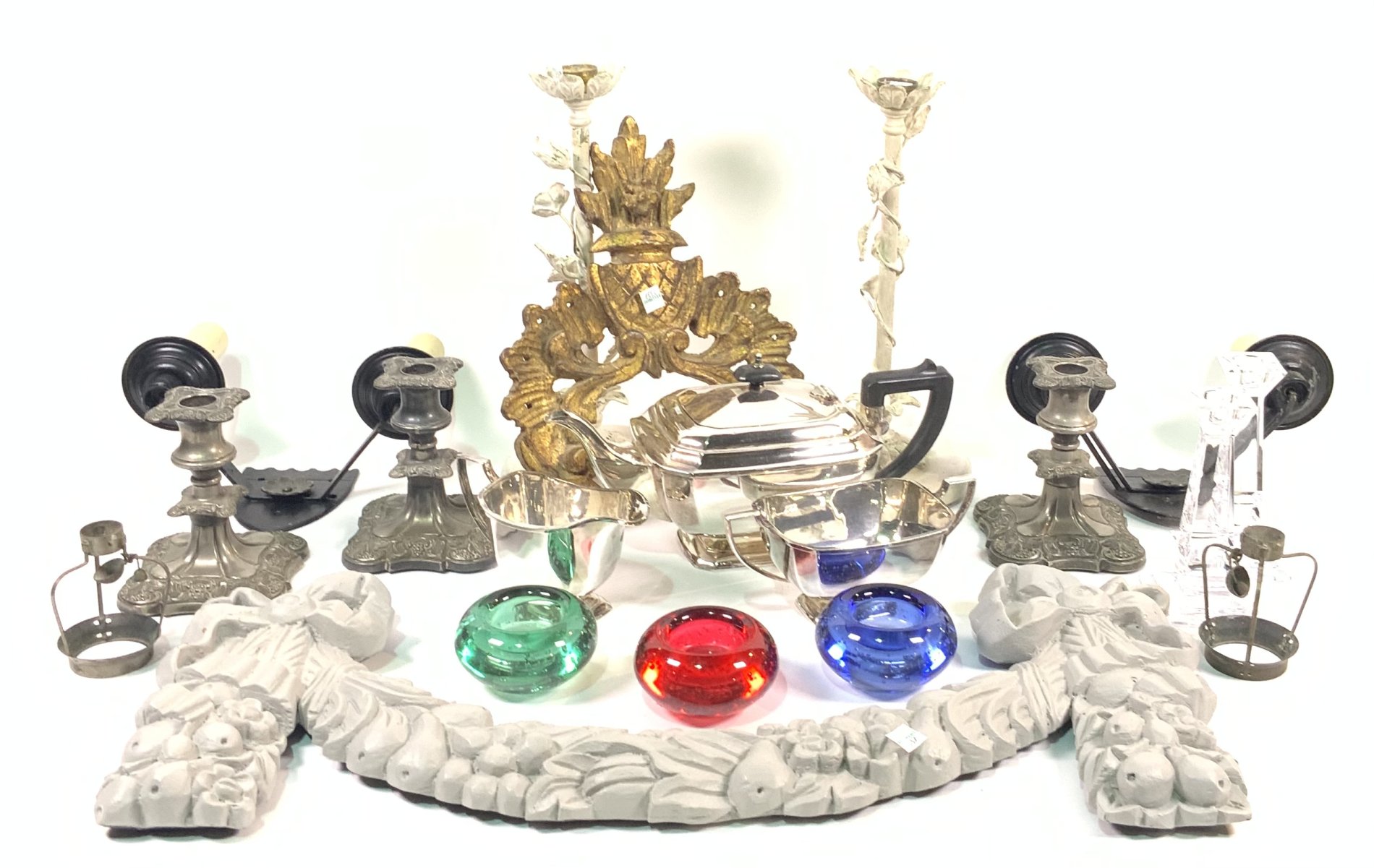 COLLECTABLES INCLUDING A SILVER PLATED TEA SET, GLASS CANDLESTICKS, WALL LIGHTS AND SUNDRY