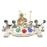 COLLECTABLES INCLUDING A SILVER PLATED TEA SET, GLASS CANDLESTICKS, WALL LIGHTS AND SUNDRY