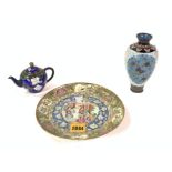 ASIAN INTEREST, A CHINESE FAMILLE ROSE PORCELAIN PLATE, A SMALL CLOISONNE TEA POT AND A...