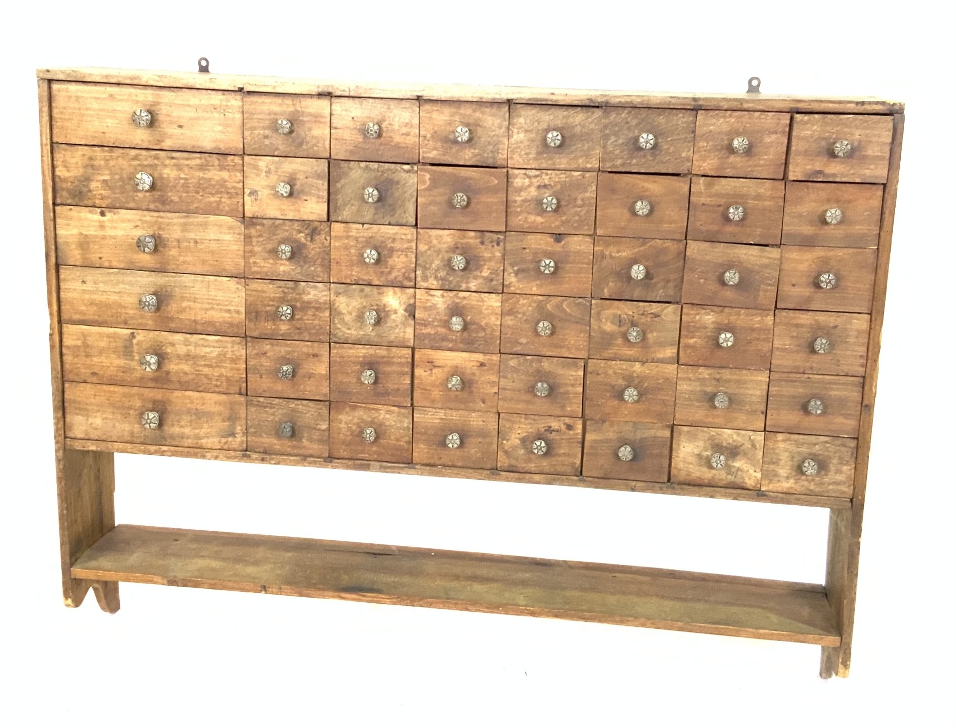 A MODERN STAINED BEECH APOTHECARY HANGING SHELF