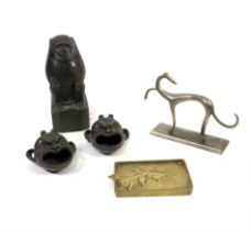 COLLECTABLES COMPRISING AN EGYPTIAN STYLE ART DECO BRONZE BABOON, TWO BRONZE ADIAN FACE DISHES...