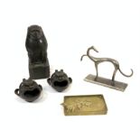 COLLECTABLES COMPRISING AN EGYPTIAN STYLE ART DECO BRONZE BABOON, TWO BRONZE ADIAN FACE DISHES...