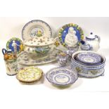 A GROUP OF CONTINENTAL TIN GLAZED CERAMICS INCLUDING A TUREEN, PLATES, JUGS AND SUNDRY