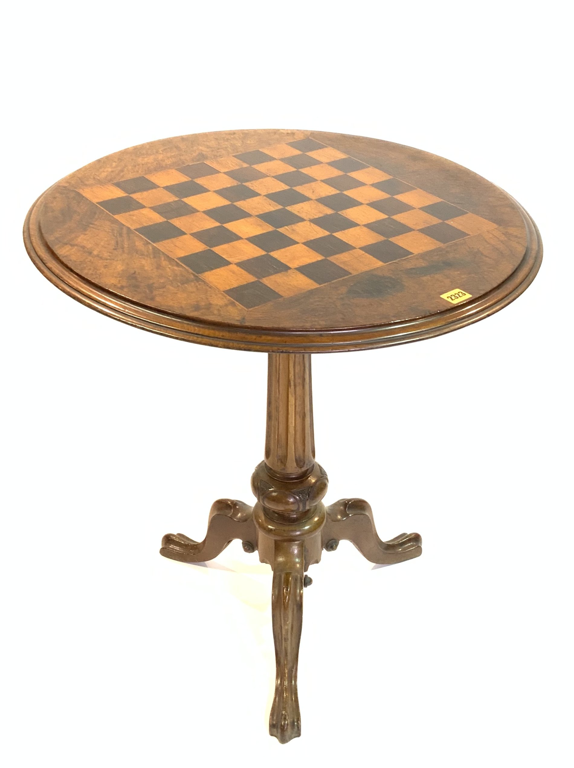 A VICTORIAN WALNUT TRIPOD OCCASIONAL TABLE WITH INSET CHESSBOARD TOP