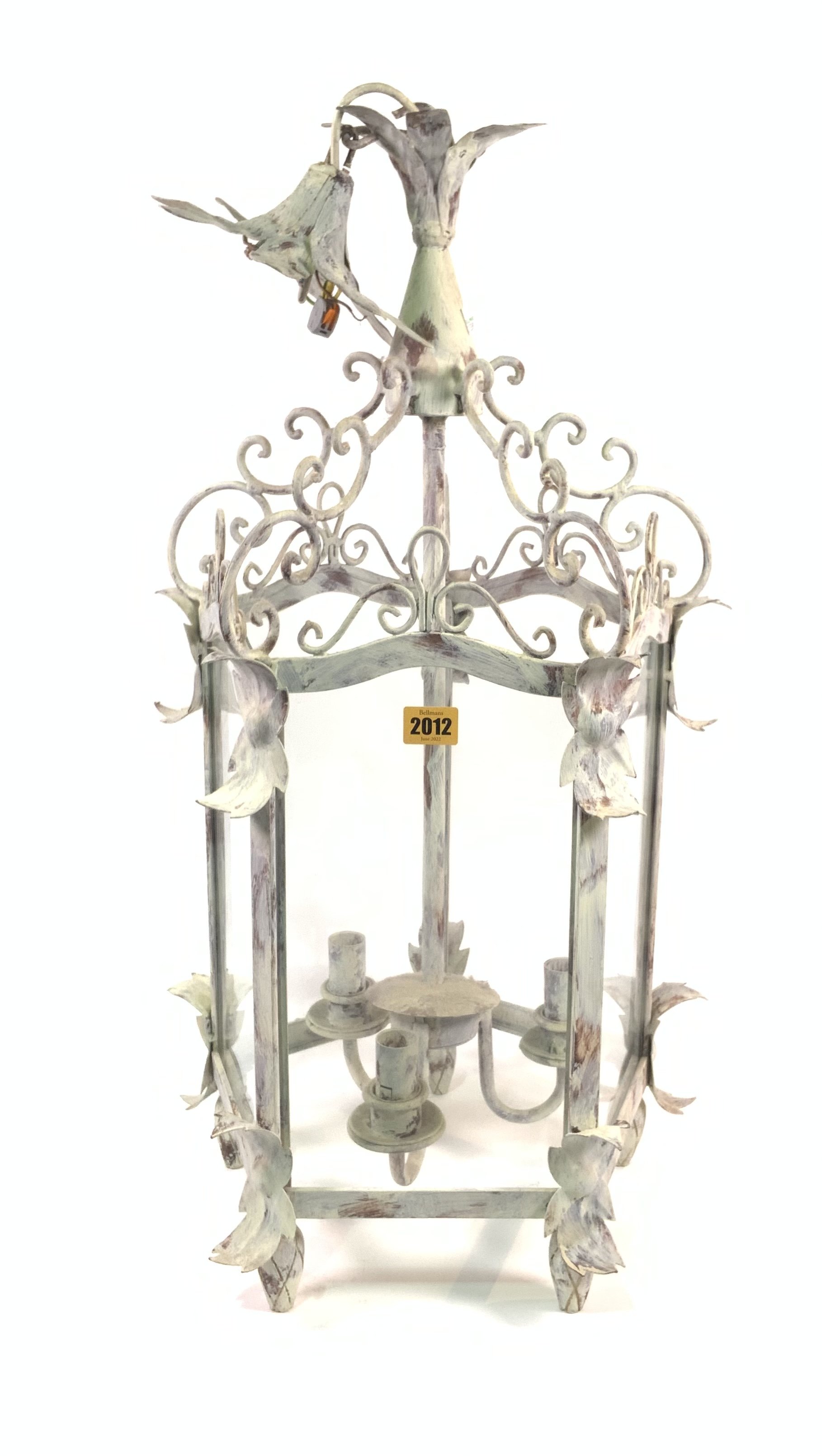 A MODERN WHITE PAINTED METAL AND GLASS PENTAGANOL HANGING LANTERN