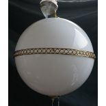 A GROUP OF FIVE OPALINE GLASS AND BRASS LACQUERED GLOBE HANGING LIGHTS (5)