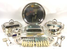 SILVER PLATED ITEMS INCLUDING, ENTREE DISHES, TRAYS, FLATWARE AND SUNDRY