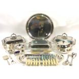 SILVER PLATED ITEMS INCLUDING, ENTREE DISHES, TRAYS, FLATWARE AND SUNDRY