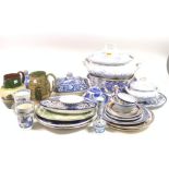 A QUANTITY OF CERAMICS INCLUDING BLUE AND WHITE TUREENS, JUGS, PLATES, A DELFT PLATE AND SUNDRY