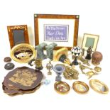 COLLECTABLES, INCLUDING A MODERN BRONZE DOOR KNOCKER, DECORATIVE GILT WALL SHELVES, PHOTO...