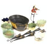 A GROUP 0F MODERN PAINTED METALWARE INCLUDING A LARGE TWIN HANDLED JARDINIERE, OTHER SMALLER...