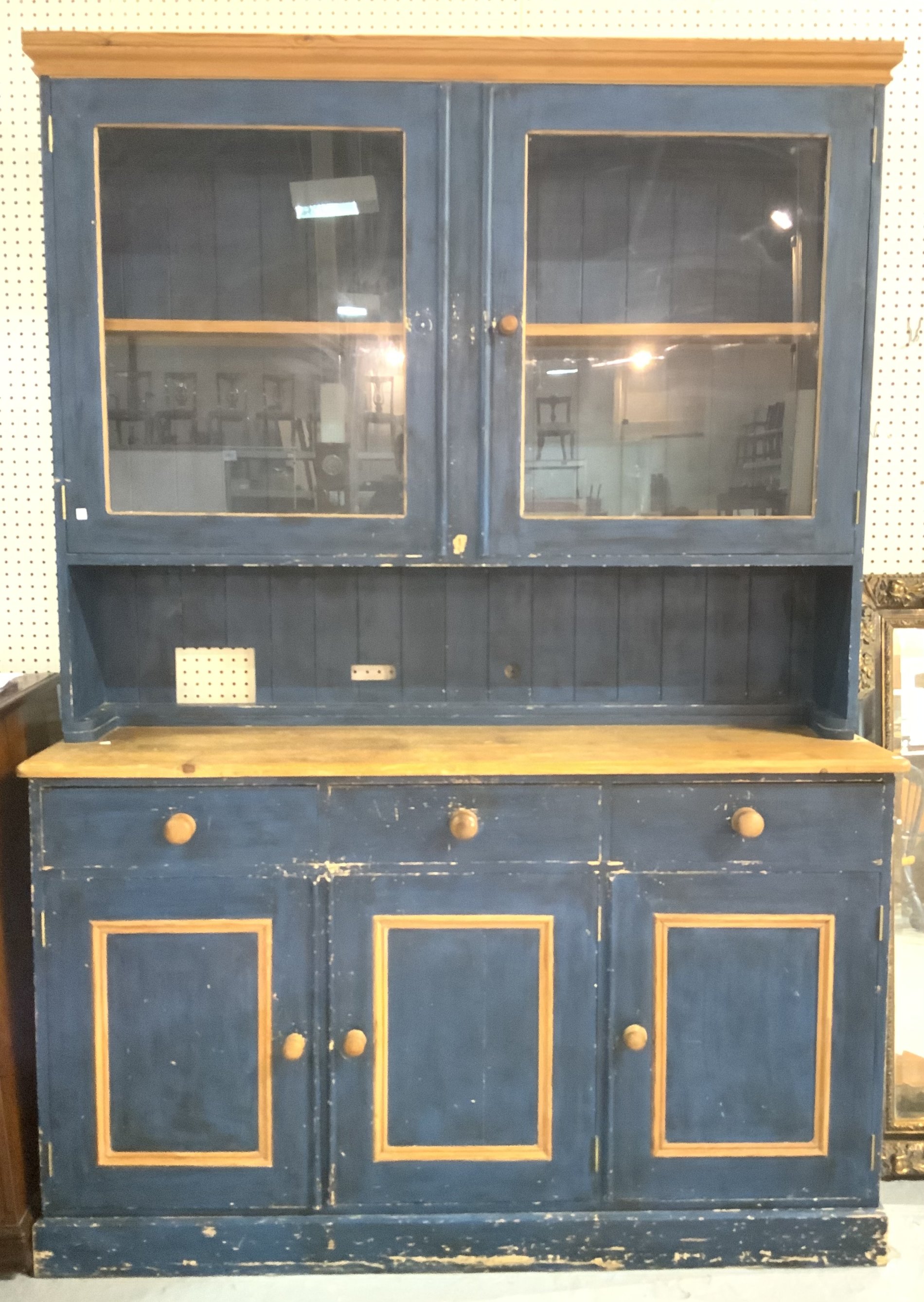 A MODERN BLUE PAINTED PINE KITCHEN DRESSER