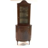 AN EDWARDIAN INLAID MAHOGANY CORNER DISPLAY CABINET/CUPBOARD