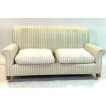 A 20TH CENTURY CREAM AND GREY STRIPED UPHOLSTERED SOFA